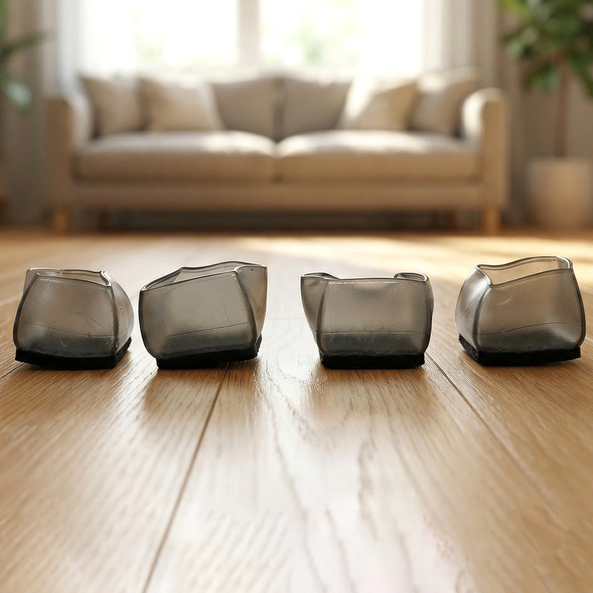 Silicone leg caps protecting the floor in a living room
