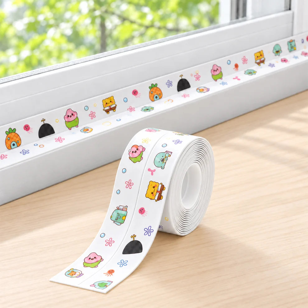 Sealing tape roll on a window sill with the tape applied along the wall joint