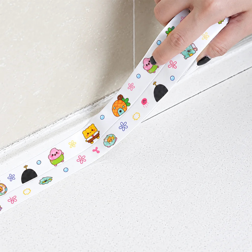 Pressing sealing tape into the corner joint of a bathroom wall