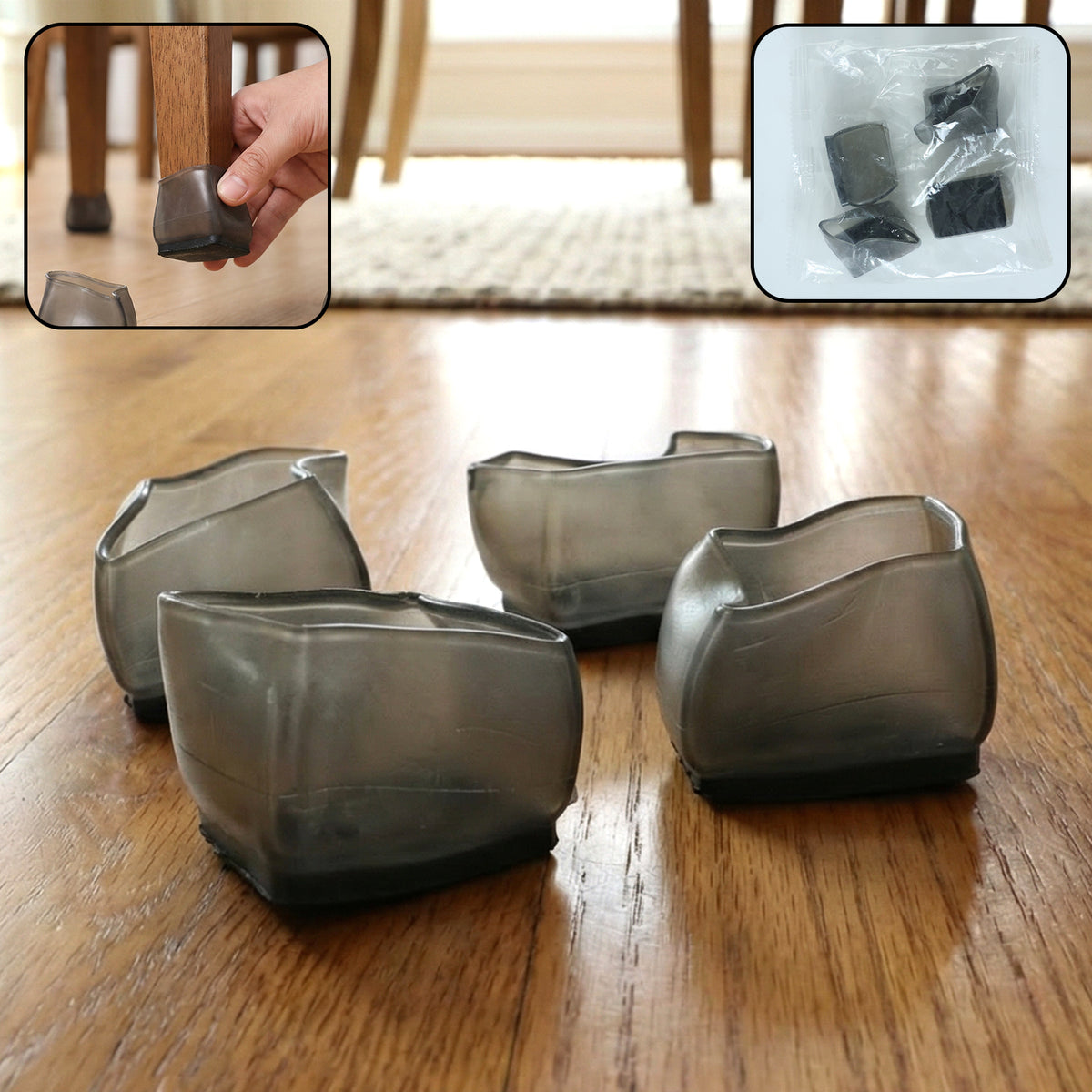 Silicone chair leg caps on a wooden floor