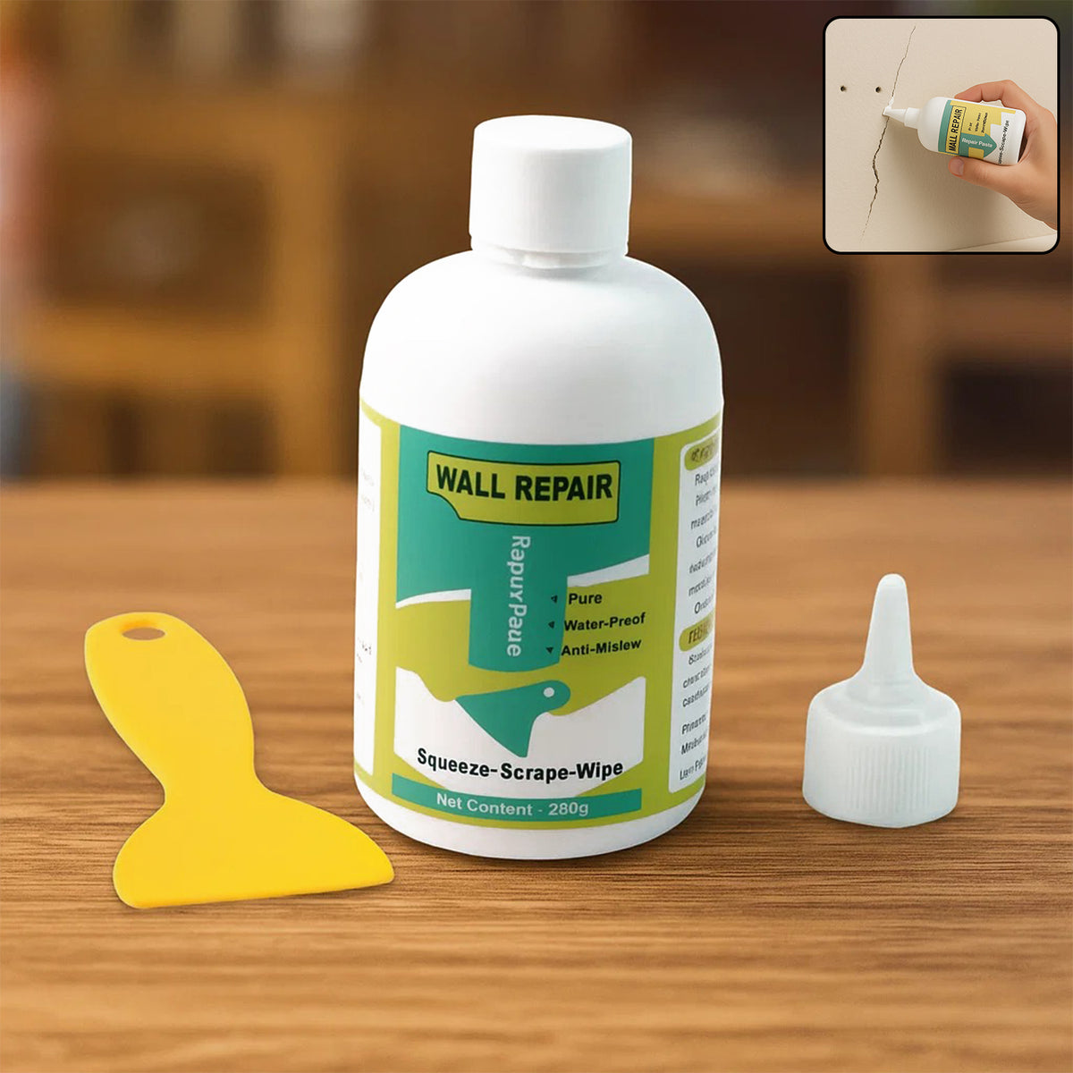 Wall crack repair set: bottle, nozzle and scraper