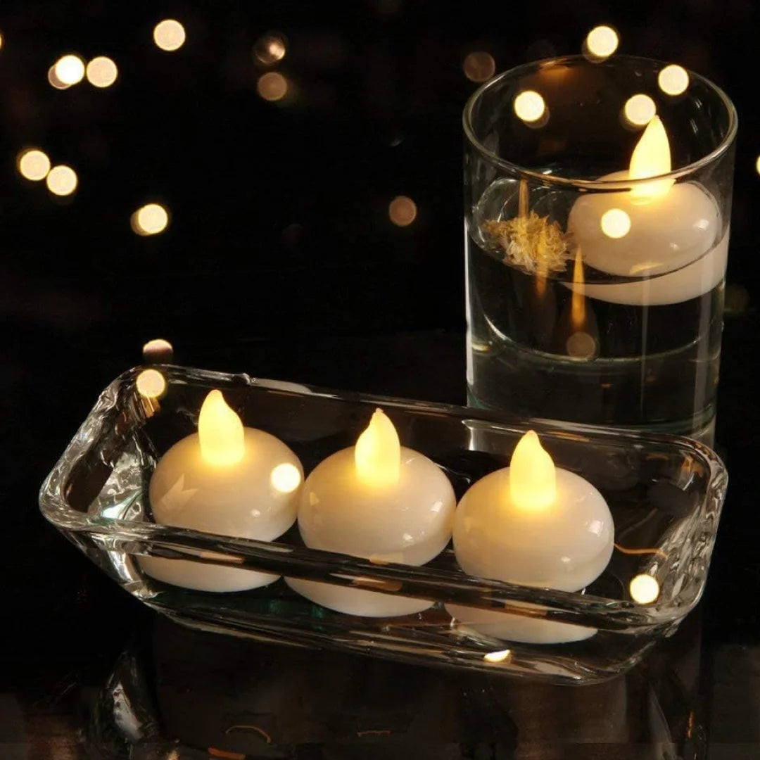 Floating LED tealights in a glass dish