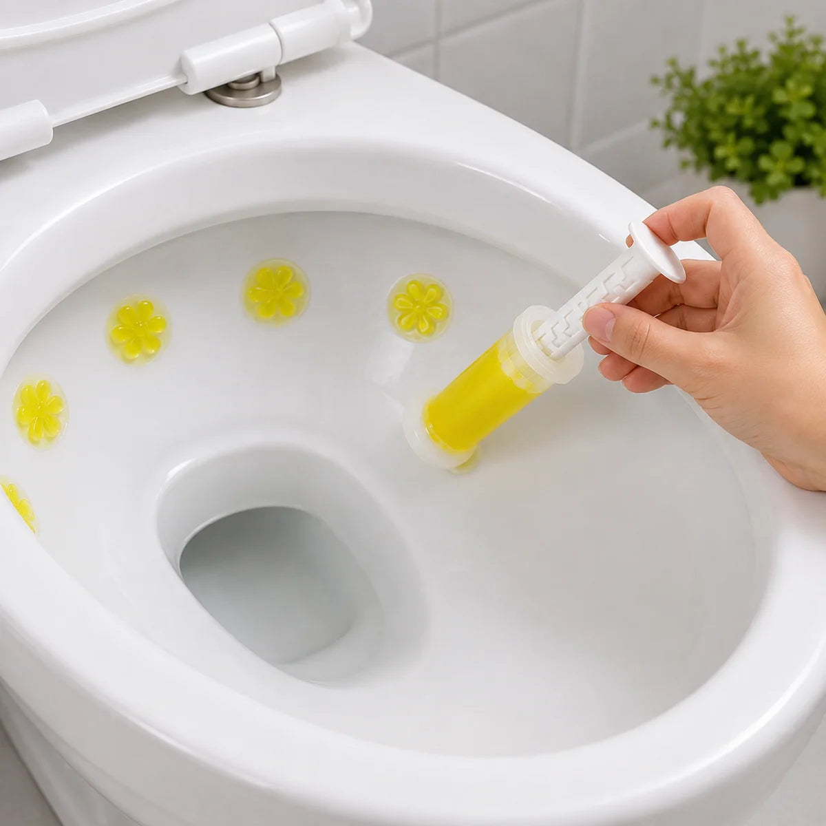 Flower toilet gel stamps inside a toilet bowl