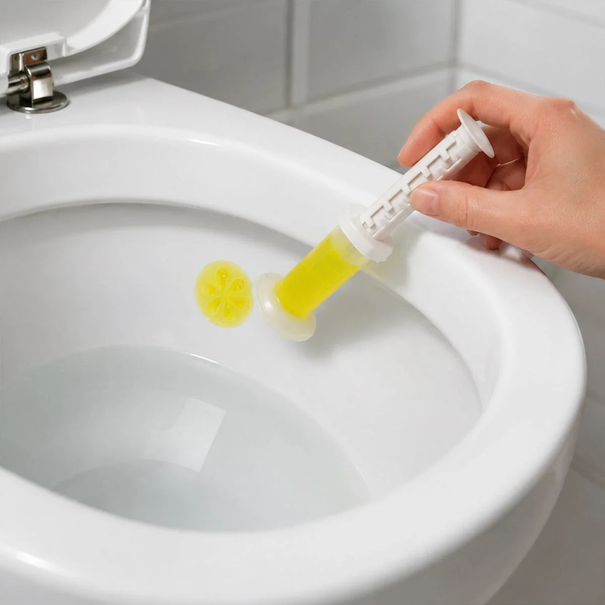Pressing the gel applicator on the toilet bowl