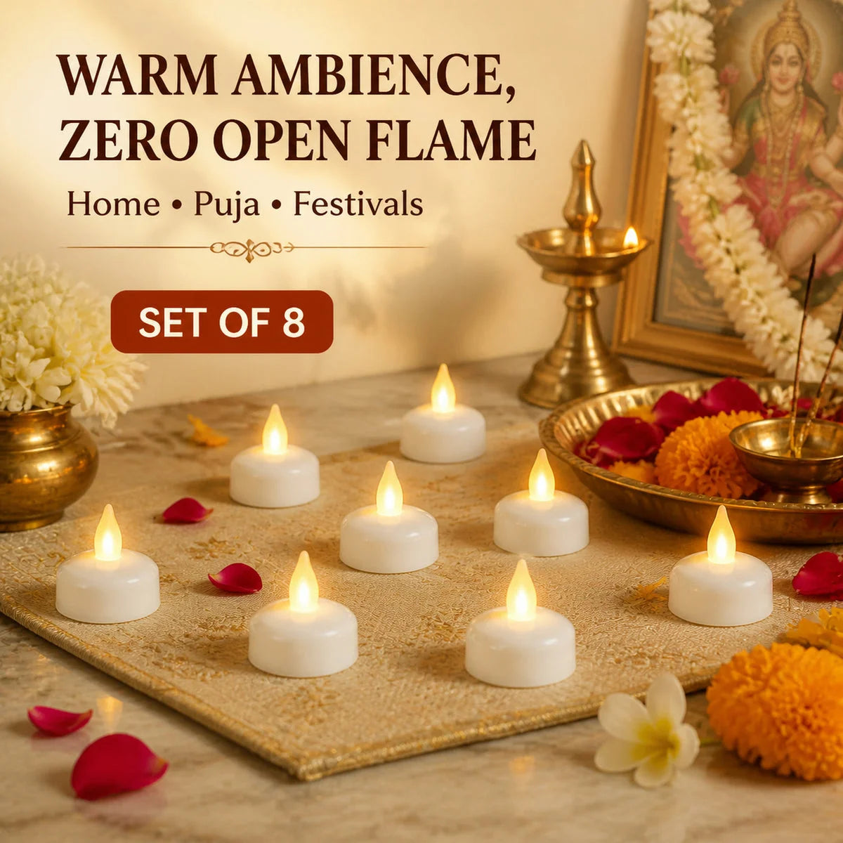 Set of 8 LED tealights for puja and festivals