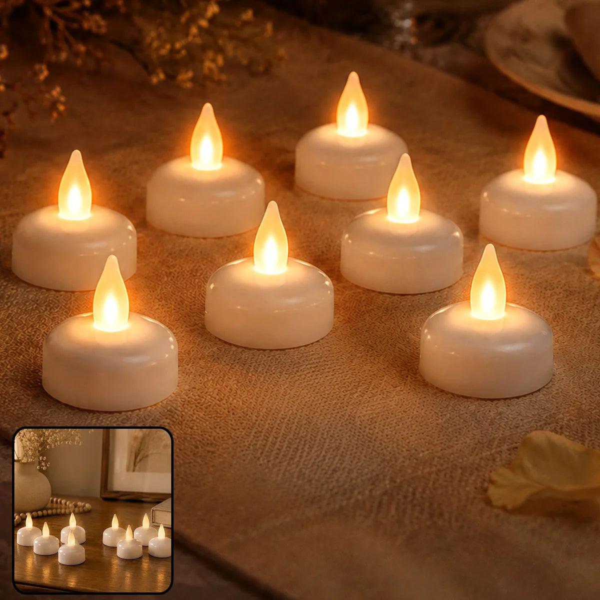 Round LED tealights glowing on a table