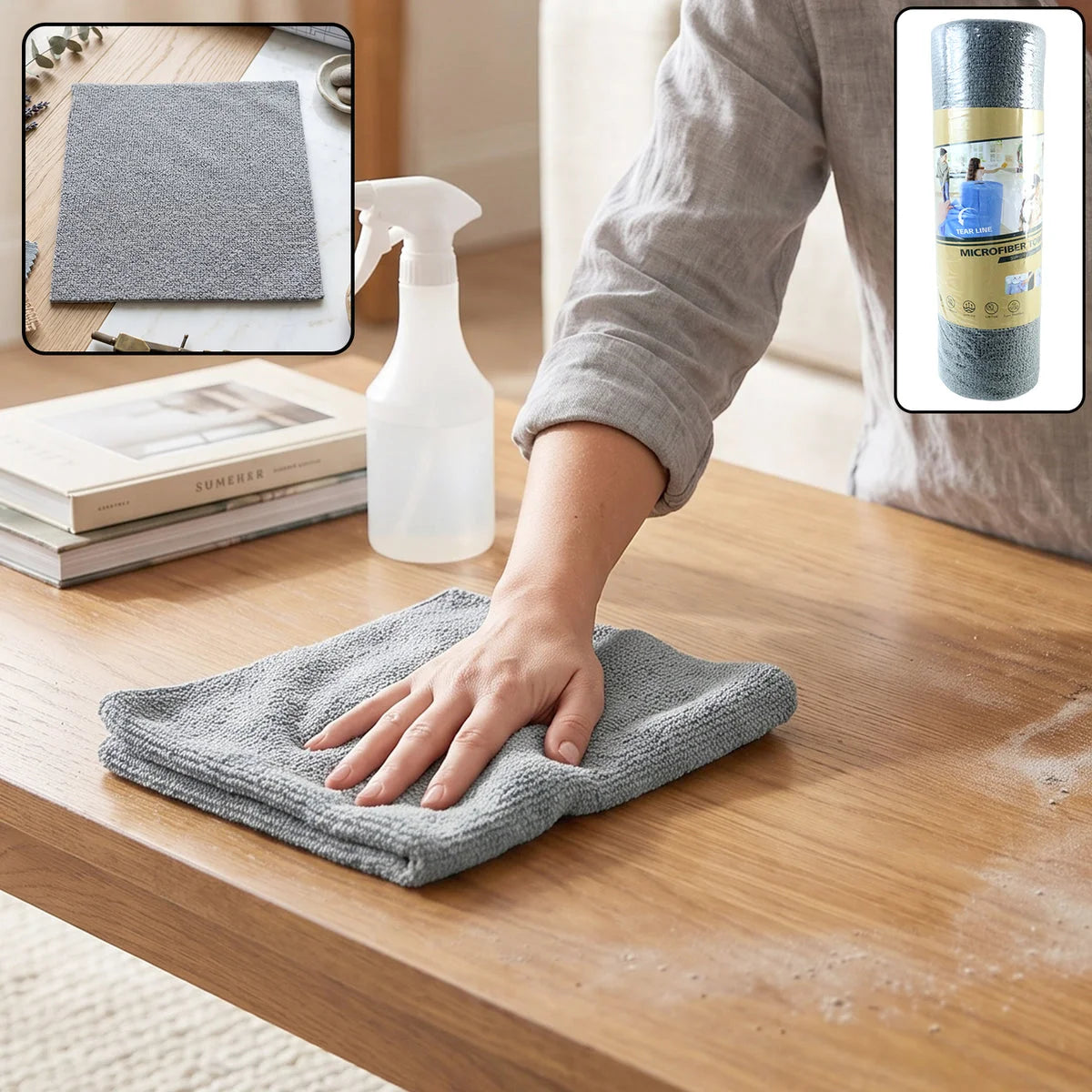 Wiping a table with the microfiber cloth