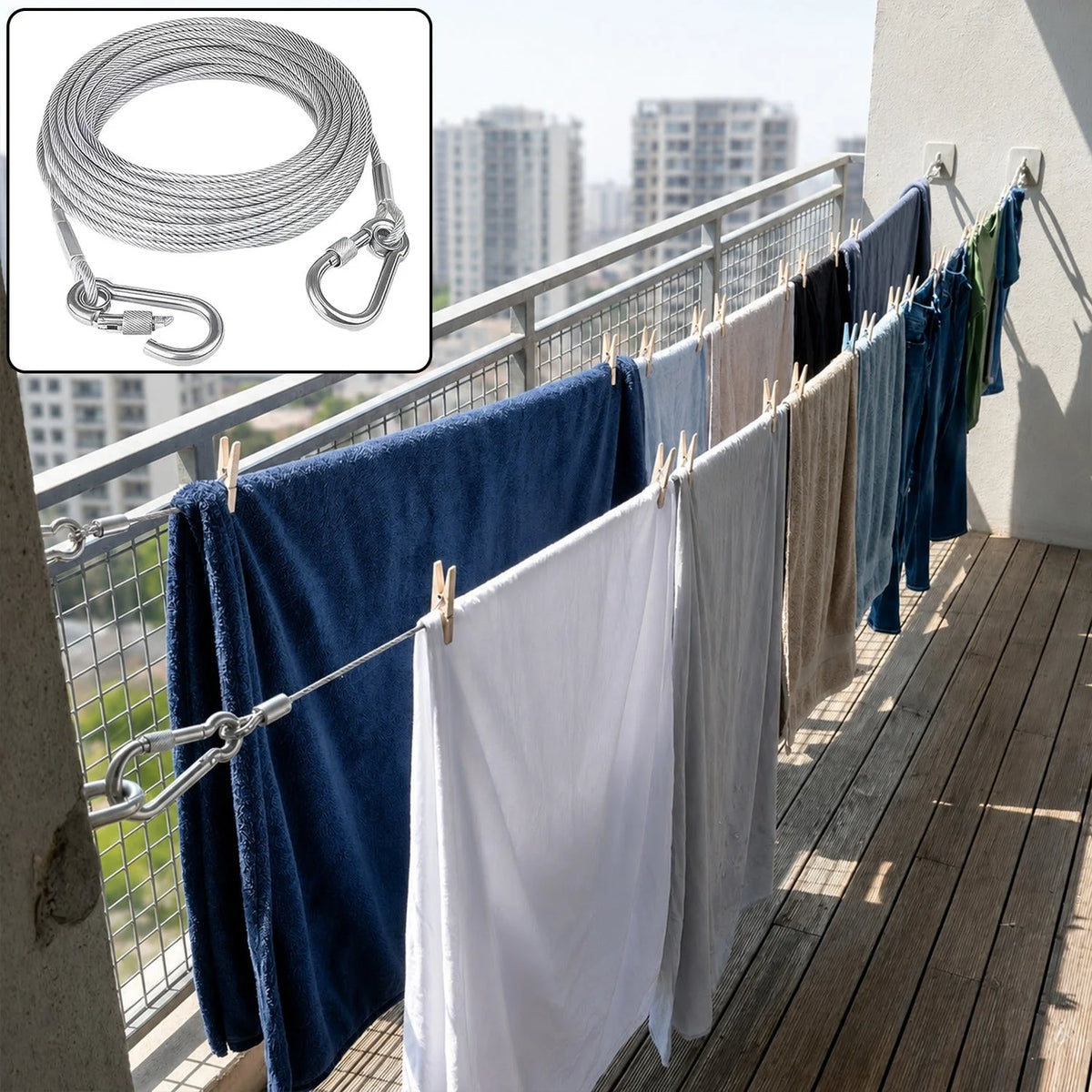 Stainless steel wire clothesline 5 m with hooks - photo 1
