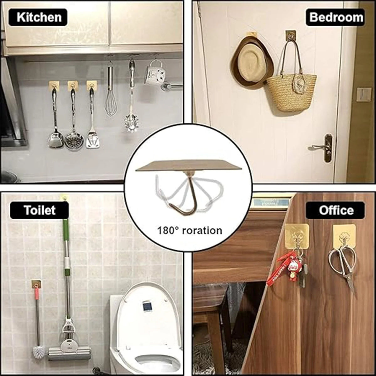 No-drill wall hooks used in kitchen and bathroom