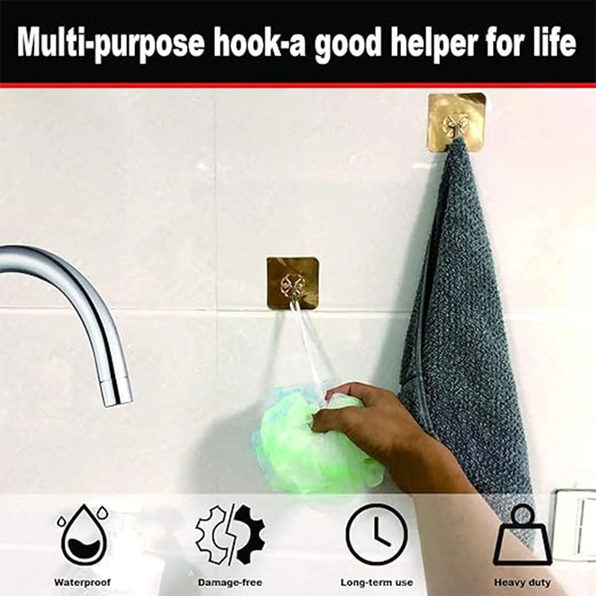 Waterproof wall hook holding a towel in the bathroom